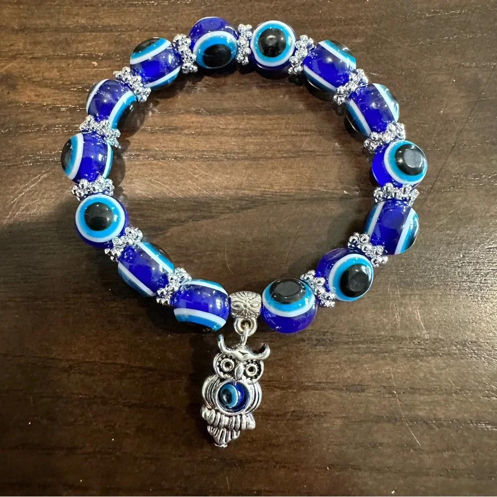 Evil Eye Beaded Stretch Bracelet with Silver-Tone Owl Charm